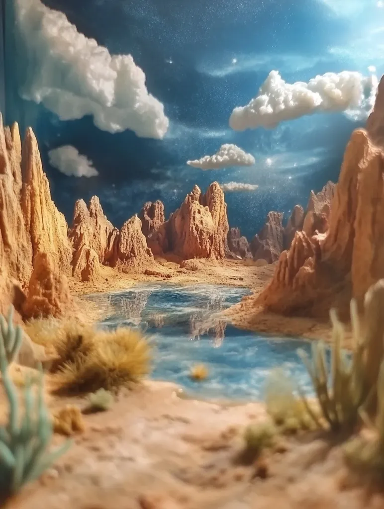 A miniature desert landscape with tall, sand-colored rock formations, a small blue lake, and a bright sky dotted with fluffy white clouds. The scene is illuminated by a warm, soft light, creating a tranquil and peaceful atmosphere. Green shrubs and cacti add life and color to the arid environment. The intricate details and realistic textures of the model bring a sense of wonder and beauty to the scene.