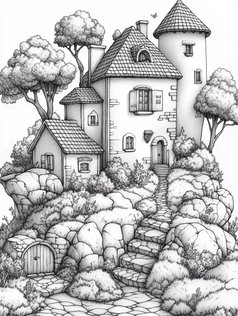 A charming, black and white illustration depicts a quaint stone house with a tower, nestled among lush greenery and rugged rocks. A winding stone path leads up to the front door, inviting visitors to explore this peaceful haven. The house features intricate details, including a tiled roof, shuttered windows, and a charming doorway. The surrounding landscape is a mix of dense foliage, rocky outcroppings, and a small bird soaring overhead. The overall impression is one of tranquility and solitude, perfect for a quiet escape from the bustling world.