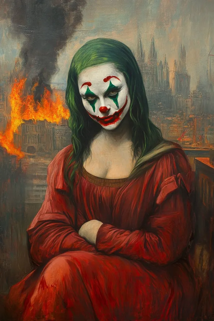 The image is a painting of a woman with green hair and a Joker makeup. She wears a red dress and sits with her arms crossed. In the background, there's a cityscape with a building on fire. The painting appears to be a recreation of the Mona Lisa painting, with the Joker's face and a more dramatic background. The image conveys a sense of chaos and a twisted sense of humor.