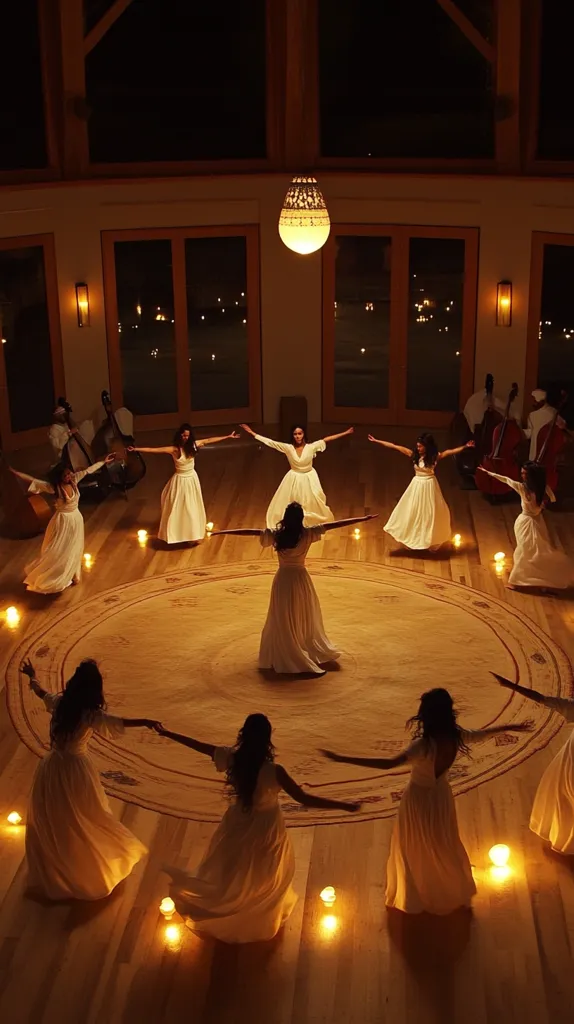 A group of women in white dresses dance in a circle around a lit room. The wooden floor is polished and glows with the soft light from the candles and the single hanging lamp. The windows around the room show a view of the surrounding area, which is lit by a scattering of lights. The women are graceful and elegant in their movements. The image is warm and inviting, suggesting a sense of community and celebration.