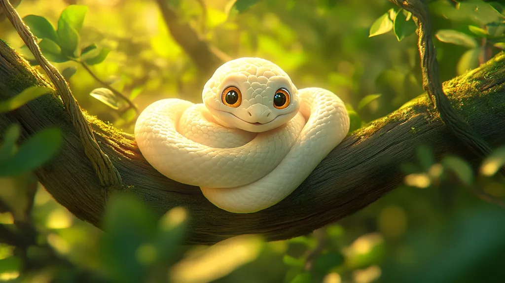 A white snake with large, round, orange eyes is coiled around a tree branch in a lush, green forest. The snake has a friendly expression and appears to be looking at the camera. The soft sunlight filters through the leaves, creating a warm and inviting atmosphere.