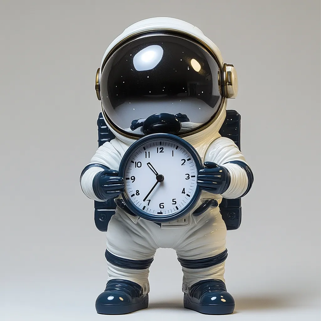 A white astronaut figurine is holding a round clock with black hands and navy blue trim. The clock face is white with black numbers. The astronaut is wearing a navy blue belt and has a backpack. The astronaut's helmet has a clear visor that reveals a dark background with white stars. The figurine stands on a light grey surface.  The image evokes a sense of space exploration and time.