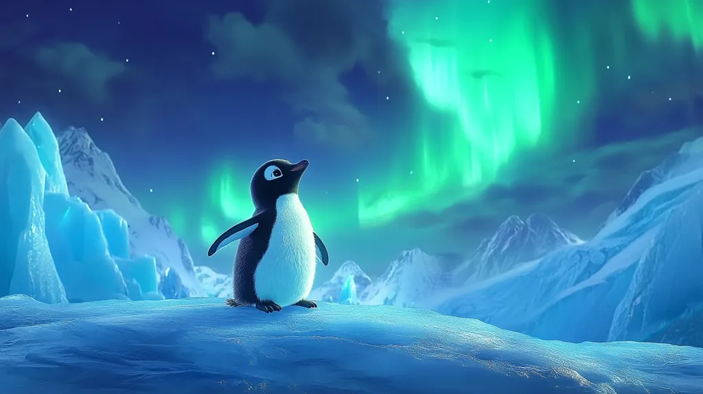 A lone penguin stands on a snowy mountain peak, gazing up at the vibrant green aurora borealis that dances across the night sky. The stars twinkle faintly, reflecting off the ice and snow. The scene is serene and magical, capturing the beauty of a polar night.