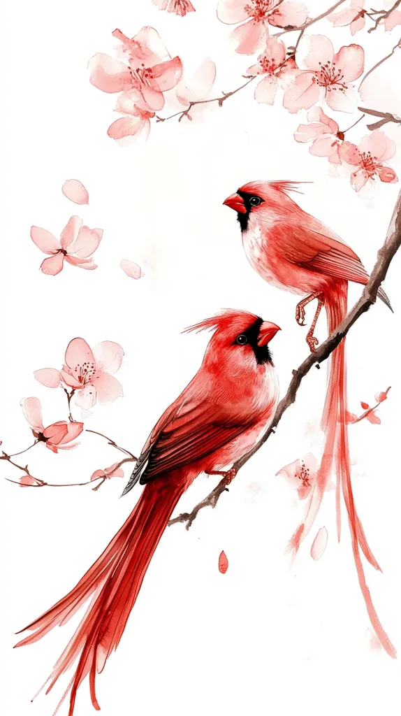 Two red cardinals are perched on a branch of a blossoming cherry tree. The cardinals are painted in a realistic style, while the cherry blossoms are more abstract. The birds are facing each other, and their tails are long and flowing. The background is a soft white, which makes the cardinals stand out. The image is a beautiful example of traditional Chinese painting.