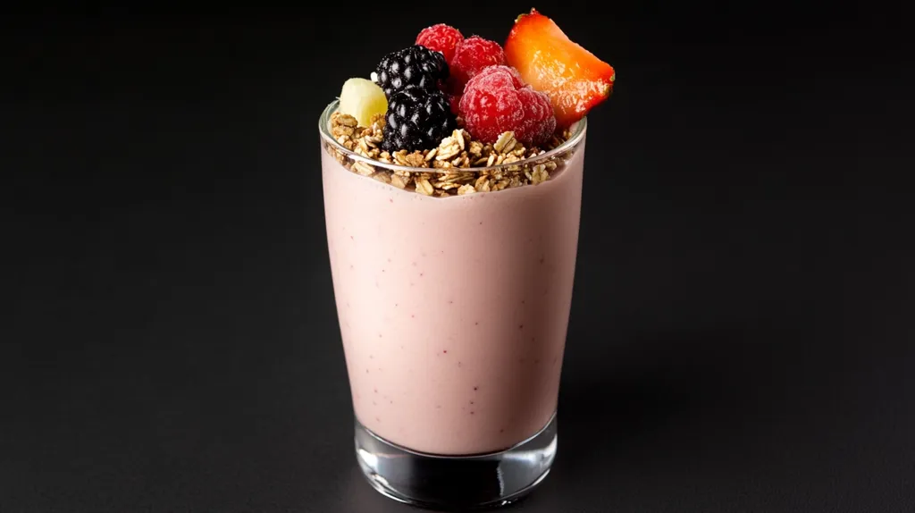 A tall glass filled with a pink smoothie, topped with granola, fresh blackberries, raspberries, and a strawberry slice. The smoothie is thick and creamy, and the toppings are arranged neatly. The glass is on a black background. The smoothie looks delicious and refreshing.