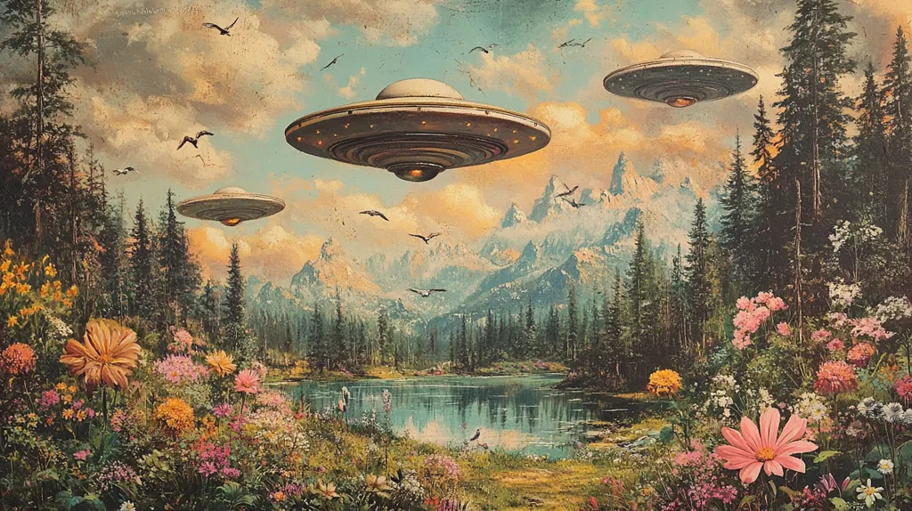 A retro-style painting depicts a serene landscape with a lake surrounded by lush greenery and colorful wildflowers. Three flying saucers hover above the scene, adding an element of mystery and sci-fi intrigue.  The painting exudes a sense of peace and tranquility, suggesting a harmonious coexistence between nature and technology. The vintage aesthetic is enhanced by the textured brushstrokes and muted color palette.