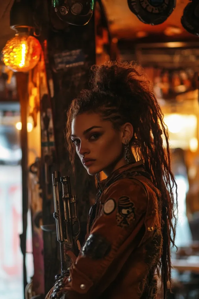 A young woman with long, dark dreadlocks stands in a dimly lit room, holding a rifle. She wears a brown leather jacket with patches and her expression is intense. The room is decorated with exposed wires and a vintage lightbulb. The image has a gritty, post-apocalyptic feel.