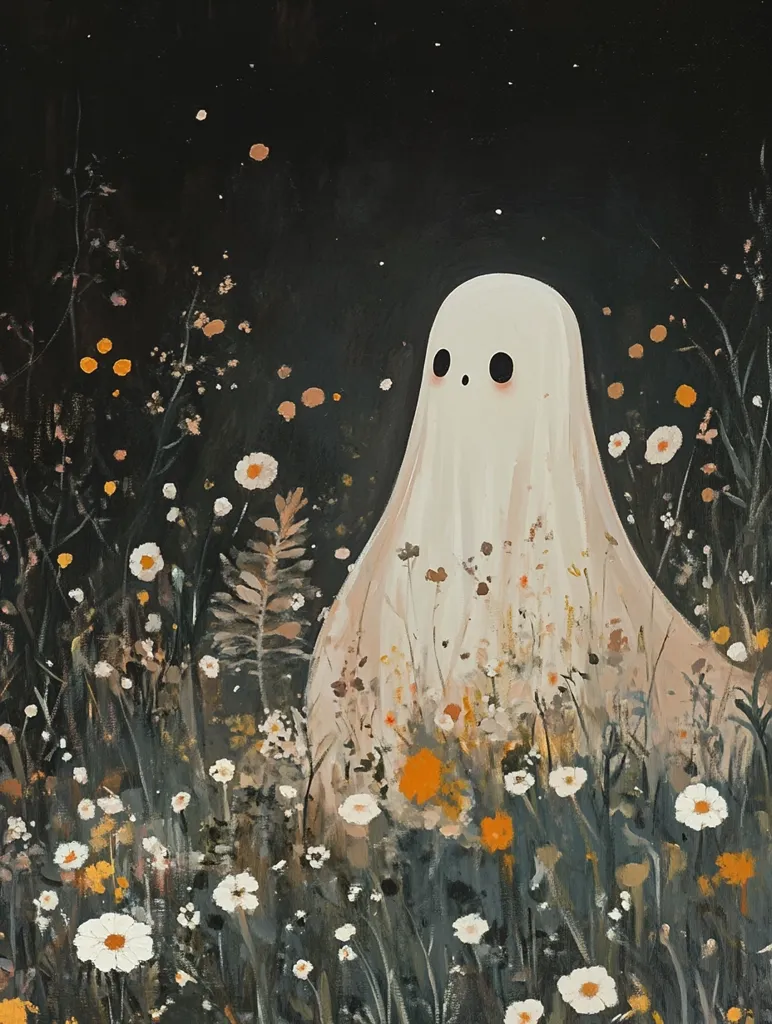 The image depicts a friendly, white ghost standing in a field of flowers. The flowers are mostly white and yellow, with a few orange ones scattered throughout. The ghost is depicted in a whimsical style, with large, round eyes and a small mouth. The background is a dark blue, which gives the impression of a night sky. The overall mood of the image is peaceful and charming, with a touch of whimsy.