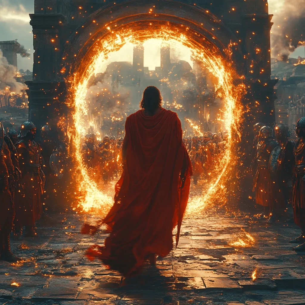 A lone figure in a red cloak walks through a flaming portal.  The portal, a swirling ring of fire, is set within an ancient stone archway, surrounded by figures in armor. The scene is filled with sparks and smoke, suggesting a powerful and magical event. The figure's back is to the viewer, adding to the mystery of their journey.