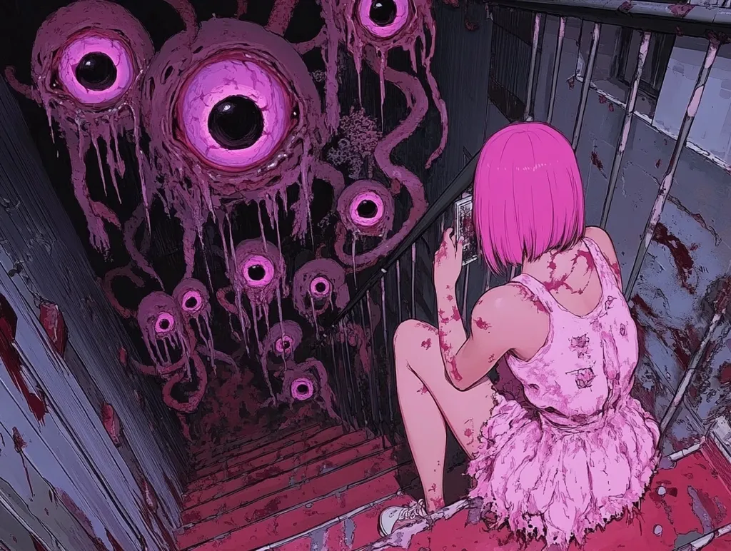 A young girl with pink hair sits on a bloody staircase. She is wearing a pink dress and is covered in blood. Above her, a horrifying entity of fleshy tentacles and glowing eyes drools down the wall. The scene is both eerie and unsettling, with a strong sense of unease and danger.