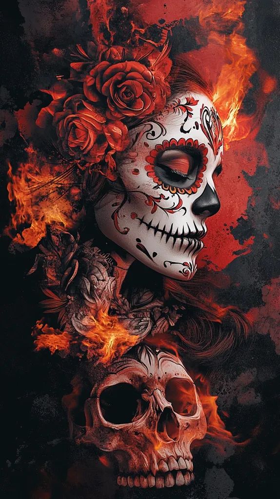 The image depicts a woman with a sugar skull makeup, adorned with red roses and surrounded by flames. Her face is painted in intricate patterns, resembling a traditional Day of the Dead skull. The woman's gaze is downcast, and her expression is melancholic. A human skull, also engulfed in flames, is placed below her chin, symbolizing mortality and the cycle of life and death. The overall atmosphere is dark and mysterious, hinting at the ephemeral nature of life.