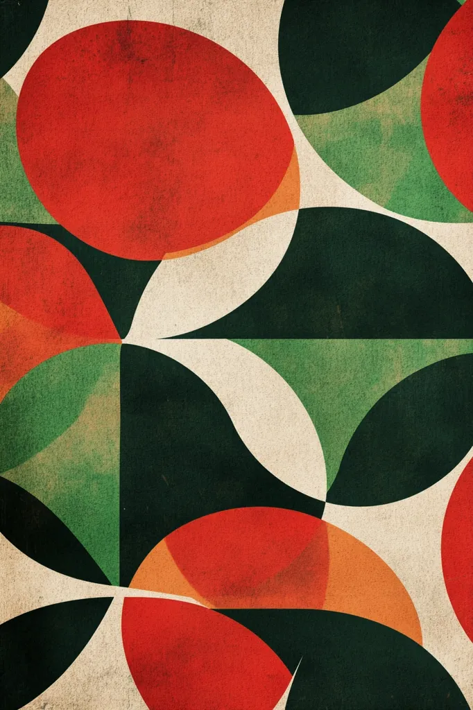 The image is an abstract geometric design with a vintage feel. The background is a textured, off-white, while the design consists of overlapping circles and arcs in shades of red, green, and orange. The colors are muted and slightly faded, adding to the retro aesthetic. The design is asymmetrical, creating a sense of movement and energy.