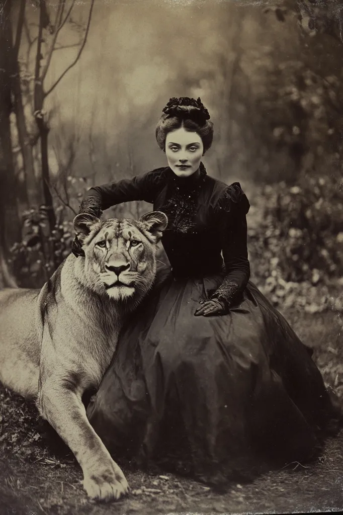 The image depicts a woman in a dark dress, sitting with a lioness.  The woman has a serious expression on her face and is wearing gloves. She appears to be in a natural setting, as there are trees and foliage surrounding her. The lioness is resting its head on the woman's lap. The image is in a sepia tone, giving it a timeless quality. The overall mood of the image is one of mystery and intrigue.