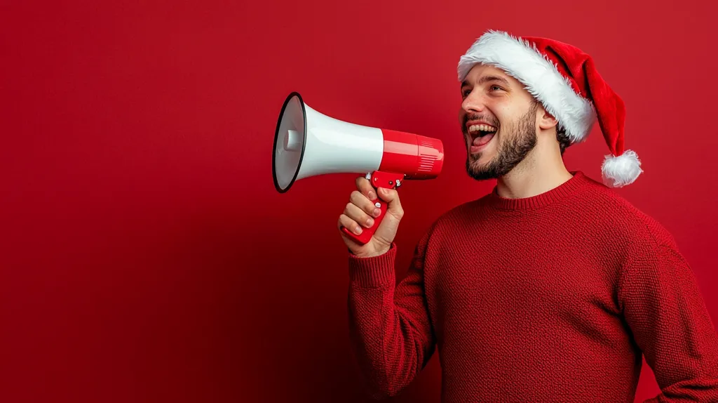A man wearing a red sweater and a Santa hat is holding a megaphone to his mouth and shouting. He is standing against a bright red background. He is looking upwards and smiling, as if he is making an announcement. The image evokes a sense of holiday cheer and excitement.