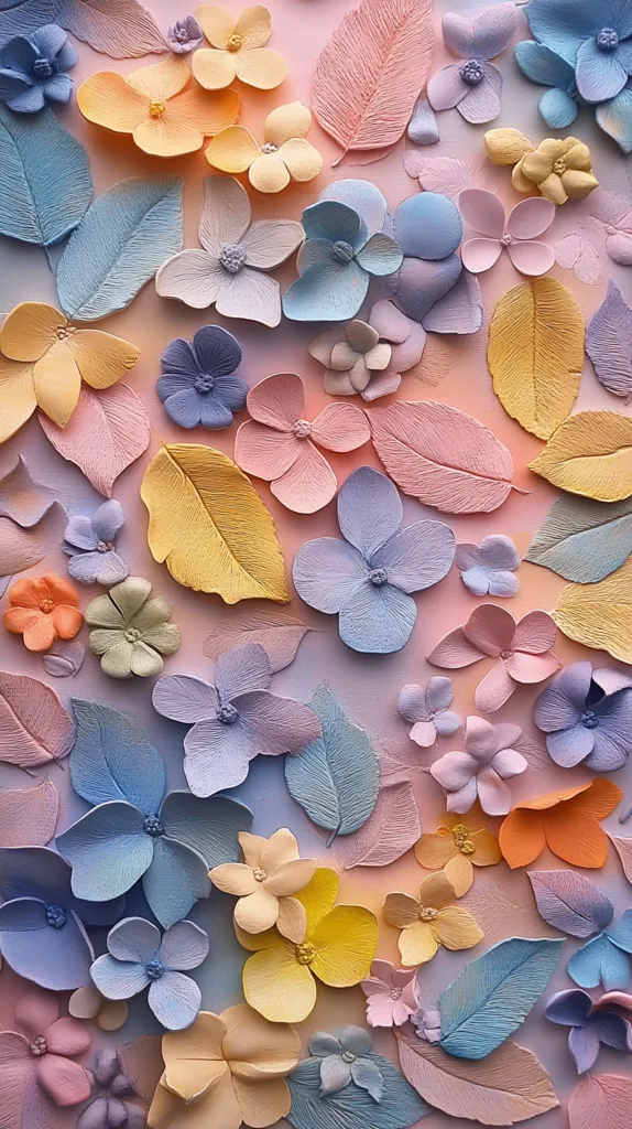 A close-up image of a pastel-colored floral arrangement. The flowers are made of clay and are arranged on a canvas background. There are a variety of different flowers, including hydrangeas, roses, and daisies. The flowers are all in shades of pink, blue, yellow, and green. The image is soft and delicate, with a dreamy and romantic feel.
