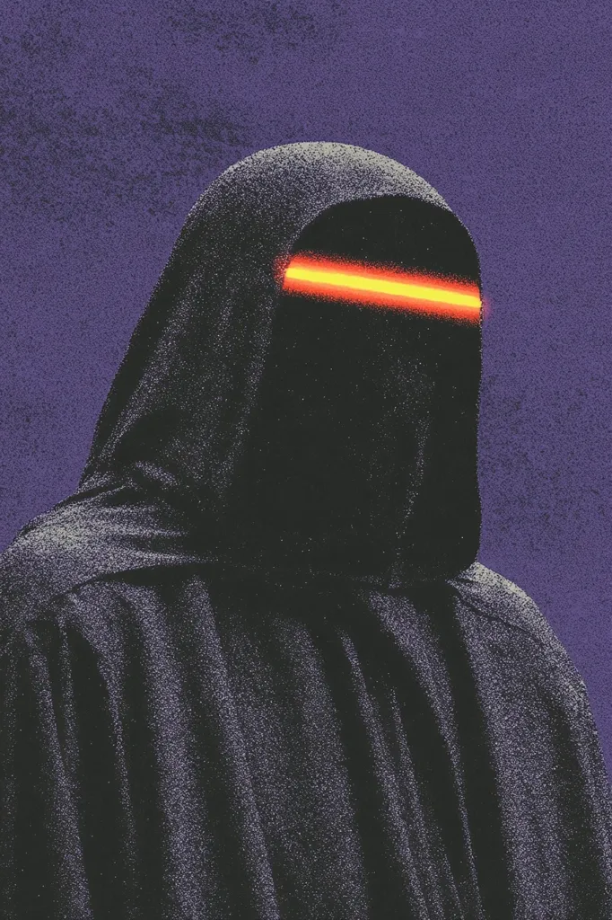 A figure cloaked in black, the face hidden, stands against a purple background. A bright orange glow shines across their forehead, illuminating the fabric of the hood. The image is grainy and textured, creating a sense of mystery and intrigue.