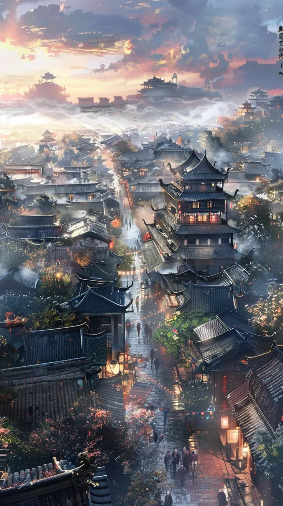 The image depicts a bustling ancient Chinese city bathed in the warm glow of twilight.  The scene features a winding street lined with traditional architecture, including intricate temples, ornate houses, and bustling shops.  A thin layer of mist hangs in the air, lending an ethereal quality to the scene.  The vibrant colors and intricate details evoke a sense of wonder and intrigue.  The image is a captivating depiction of a bygone era, filled with history and beauty.  The scene seems peaceful and serene, despite the hustle and bustle of everyday life.