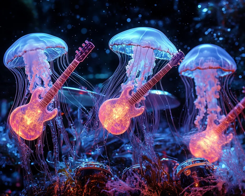 Three glowing jellyfish are holding electric guitars, their tentacles resembling strings. The guitars are illuminated with a bright, fiery light, creating a surreal and fantastical scene. The jellyfish are surrounded by a dark, underwater environment, adding to the dreamlike atmosphere.  A faint, ethereal glow emanates from the jellyfish and instruments. The image conveys a unique and captivating blend of nature and music.