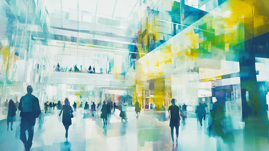 The image is a watercolor painting of a large, modern building with a large open space. The building is made of glass and steel and has a lot of natural light. There are people walking around in the open space, and they are all silhouetted against the light. The painting is very abstract and has a lot of movement. The colors are mostly blues, greens, and yellows. The overall effect is one of dynamism and energy.