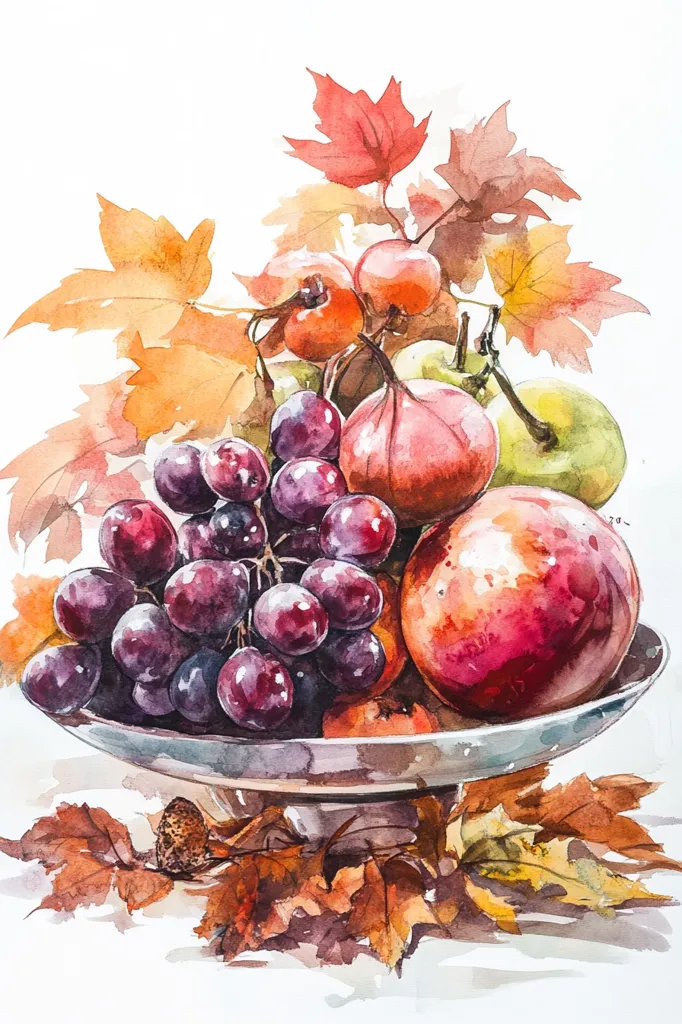 A watercolor painting of a still life. A silver bowl sits on a white surface and is filled with grapes, apples, and other fruit. The bowl is surrounded by autumn leaves of various shades of red, yellow, and brown. The painting is done in a realistic style, and the colors are vibrant and lifelike. The leaves and fruits are rendered with fine detail, and the light catches the surface of the bowl and the fruit. The overall effect is one of warmth and abundance.
