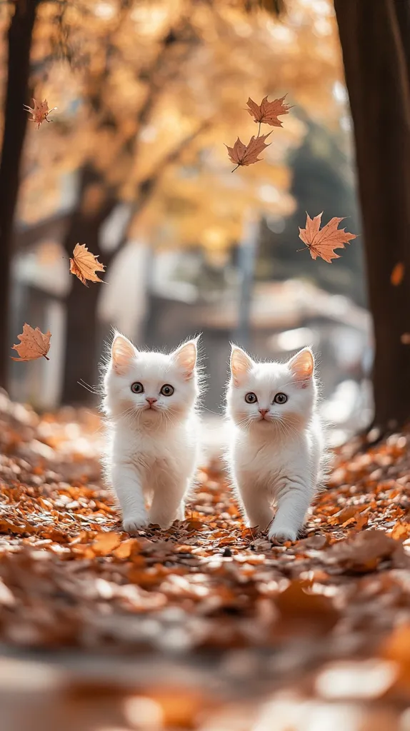 Two white kittens walk through a path covered in fallen autumn leaves. The kittens are facing forward and walking towards the camera. The leaves are a mix of orange, yellow, and brown and create a beautiful contrast with the white fur of the kittens. The background is a blurry image of a tree with more leaves. The image is warm and inviting and evokes a sense of peace and tranquility.