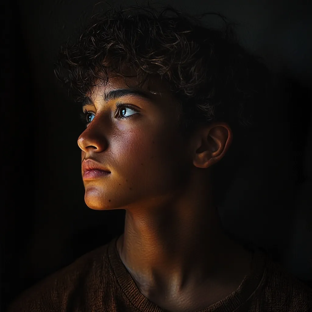A young man with curly brown hair and piercing blue eyes gazes intently off-camera. His face is lit by a soft, golden light, highlighting his smooth skin and defined features. He is wearing a simple brown shirt and his expression is thoughtful, conveying a sense of introspective calm. The dark background provides a dramatic contrast to the light falling on his face, making him the central focus of the image.