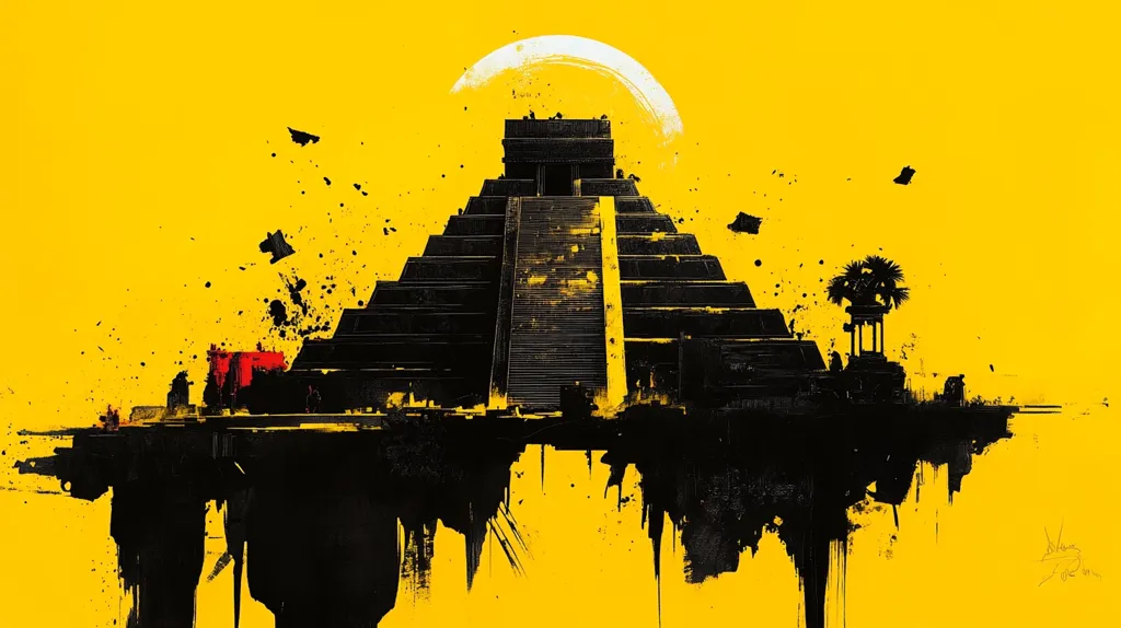 The image is a stylized depiction of a Mayan pyramid, silhouetted against a bright yellow background. The pyramid is rendered in black and gray, with splashes of paint giving the effect of texture and depth. A large, white moon hangs above the pyramid, adding a sense of mystery and intrigue. The overall effect is one of stark contrast and dramatic simplicity.