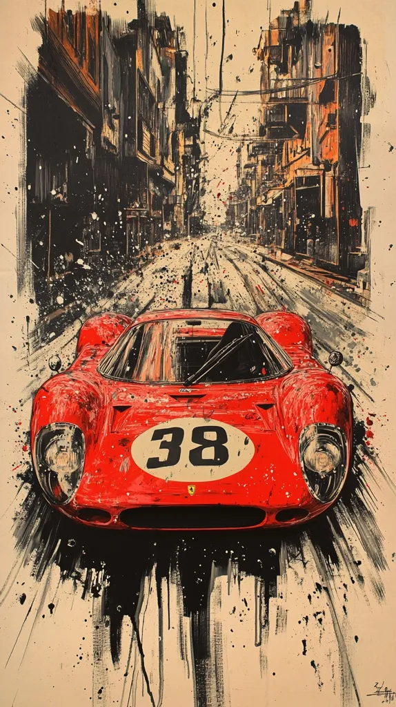 The image is a painting of a red Ferrari race car with the number 38 on the side. It is driving through a city street, with buildings on either side. The painting is done in a style that is reminiscent of street art, with bold lines and splashes of color. The background is a faded, almost abstract representation of the city, with a focus on the car and its details. The artist has captured the energy and excitement of a race car speeding through the streets.