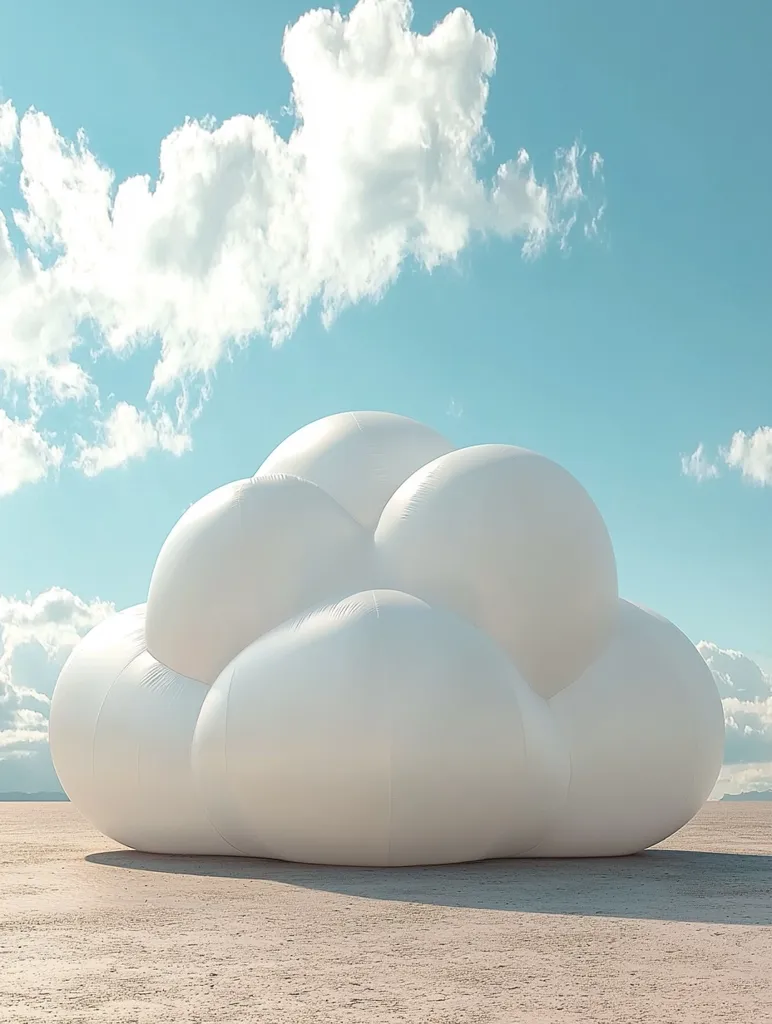 A large white inflatable cloud sculpture sits on a sandy, flat plain. The sky is a clear blue with wispy white clouds scattered throughout. The cloud sculpture is made up of several rounded shapes, creating a realistic cloud-like appearance.  It casts a shadow on the ground.