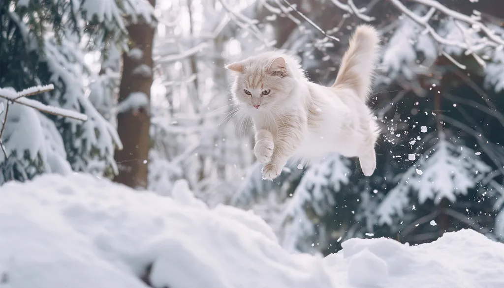 A white cat leaps through a snowy, winter forest. The cat is in mid-air, its paws extended, and snow is flying off its fur. The background is a blur of white snow-covered trees and branches. The cat's eyes are bright and alert, as if it is on the hunt. The image captures the beauty and freedom of the winter season.