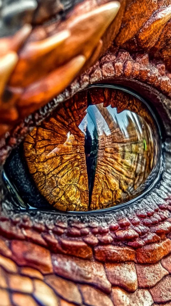 The image shows a close-up of a dragon's eye. The eye is large and round, with a dark pupil and a bright, golden iris. The scales around the eye are textured and detailed, giving the dragon a fierce and powerful appearance. The image is taken from a low angle, making the dragon appear even more imposing. The eye is reflected in the dragon's eye, which gives the image a sense of depth. The image is likely a digital illustration or a sculpture, as the detail is too perfect to be a photograph.