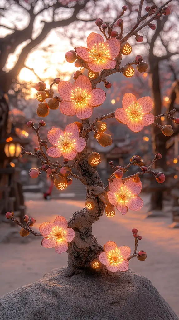 A delicate bonsai tree with pink blossoms is illuminated by warm, glowing lights. The tree is set against a backdrop of a blurred, golden sunset and a rustic background.  The branches, intricate and gnarled,  are adorned with small, glowing flowers, creating a scene of ethereal beauty.