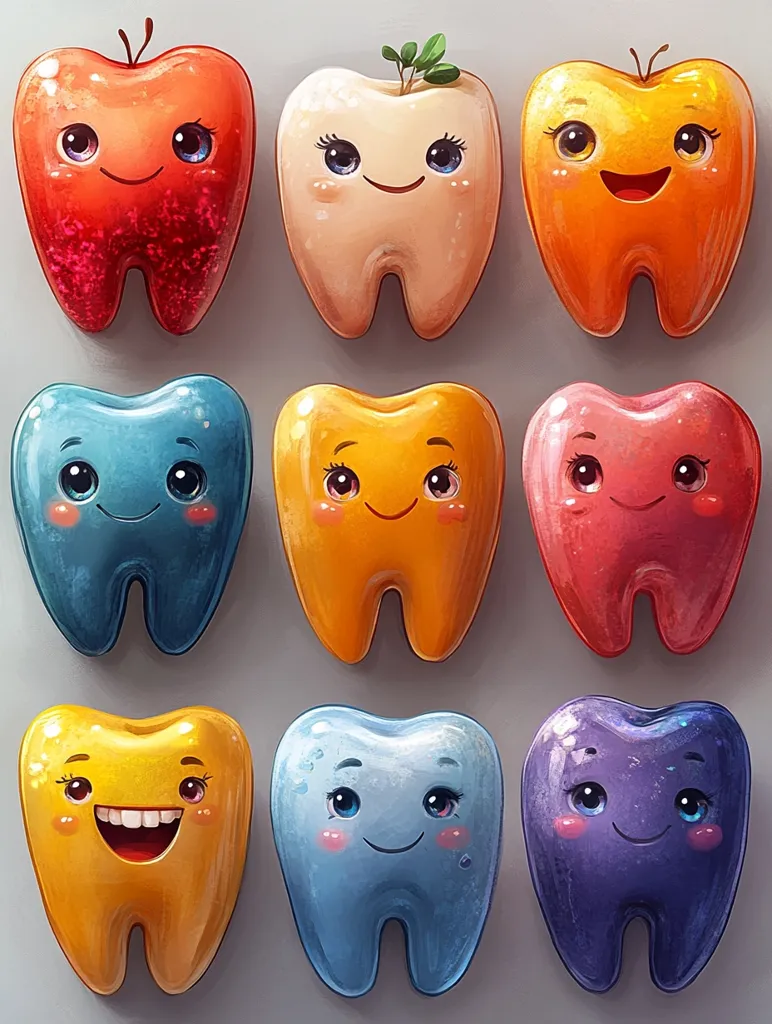 Nine cartoon teeth, each in a different color, are arranged in three rows of three. They all have human-like eyes, a smile, and a shiny, glossy surface. Each tooth has a unique color and design, including red, orange, yellow, pink, blue, and purple. The teeth are arranged against a light gray background.