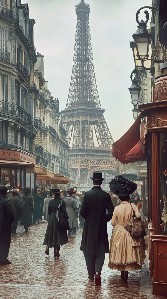 The image captures a Parisian street scene, with the iconic Eiffel Tower looming in the background. People dressed in elegant attire stroll along the cobbled street, their silhouettes framed by the tall buildings and ornate lampposts. The atmosphere is serene and charming, capturing the essence of classic Parisian elegance.  The street is wet, reflecting the city lights, and the overall image evokes a sense of history and romance.