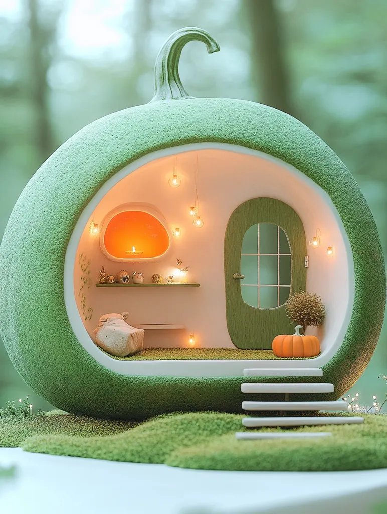 A whimsical, miniature house shaped like a green gourd sits on a bed of moss. The house features a small porch, a door, a window, and a cozy interior lit by string lights. A pumpkin sits on the porch, adding to the autumnal charm. The house evokes a sense of playful fantasy and miniature worlds.