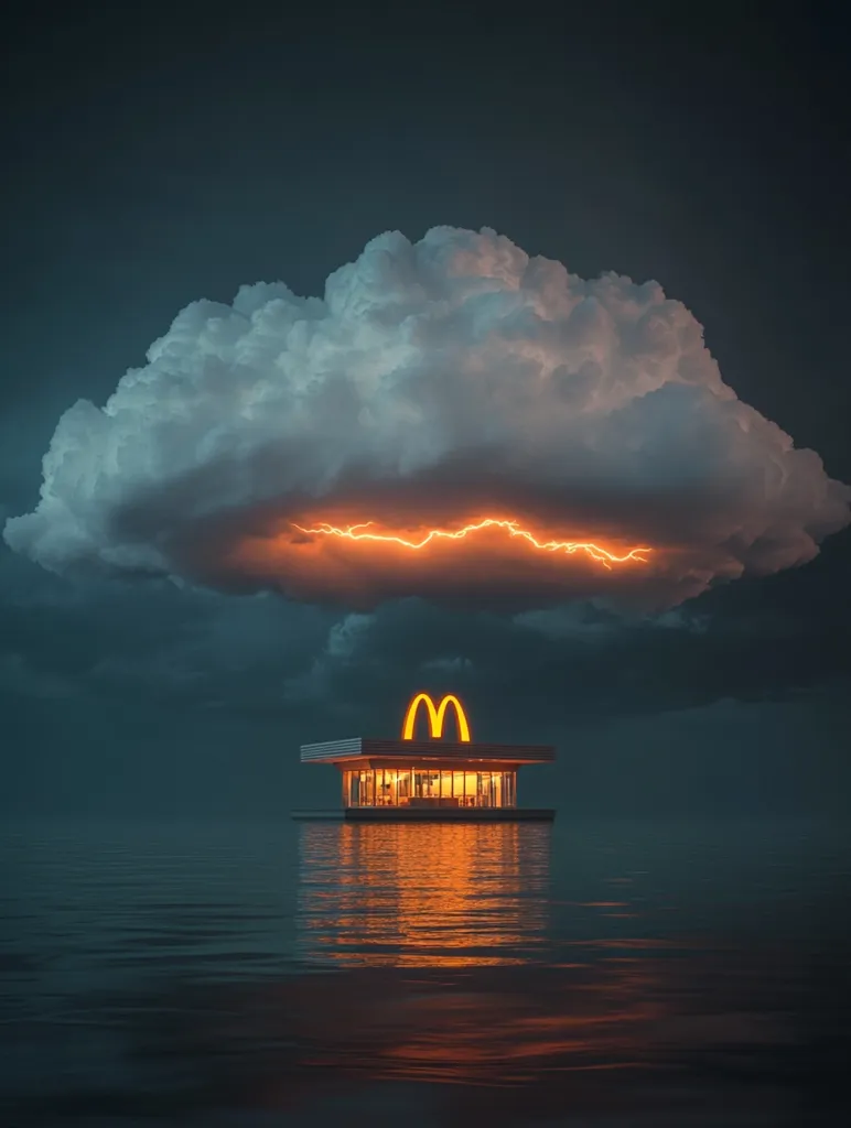 A lone McDonald's restaurant sits in the middle of a vast, dark sea, with a large, ominous storm cloud overhead.  The golden arches of the restaurant are illuminated, creating a stark contrast against the dark sky. A flash of lightning illuminates the cloud from within, suggesting a potential storm.  The reflection of the building in the water is visible and adds to the surreal and eerie atmosphere.