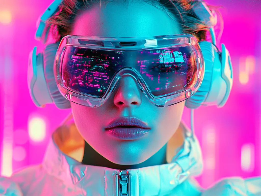 The image shows a woman wearing futuristic, clear goggles with a digital display reflecting in them. She is also wearing white headphones, and her face is illuminated by neon pink and blue lights. The background is out of focus, creating a sense of mystery and intrigue. The overall look is edgy and futuristic, suggesting a blend of technology and fashion.