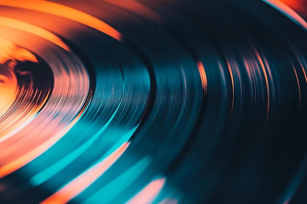 A close-up of a vinyl record, the grooves are highlighted with warm orange light, while the rest of the image is bathed in a cool blue light. The image evokes a sense of nostalgia and the analog sound of a bygone era.  The smooth black surface and swirling grooves create an abstract pattern.