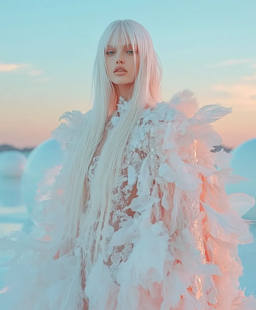 A woman with long, flowing white hair wears a white gown with a pink feather overlay. The gown has delicate floral embroidery and a sheer bodice. The woman stands against a backdrop of pastel-colored orbs, suggesting a whimsical or surreal setting.  Her expression is calm and serene, creating an ethereal and dreamlike atmosphere.