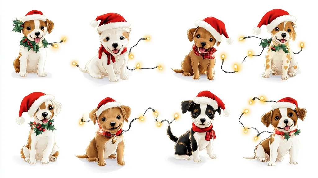 Eight puppies are dressed in Santa hats and scarves. Each pup is tangled in a string of Christmas lights with a bright white background. The puppies are all looking at the camera with happy expressions on their faces. They are all different breeds and colors. Some have a holly wreath around their necks, while others have a red plaid scarf. It’s a cute and festive image.