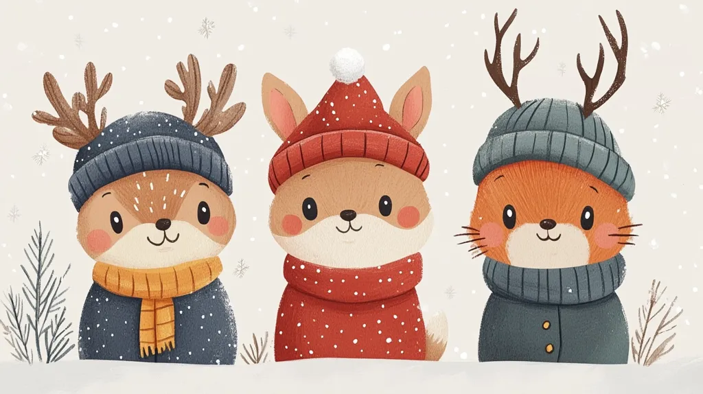 Three adorable woodland animals - a deer, a bunny and a fox - are wearing winter hats, scarves and coats. They are standing in a snowy landscape with snowflakes falling around them. The animals have big eyes, rosy cheeks, and sweet expressions. The image is drawn in a playful, whimsical style, creating a charming and cheerful scene.