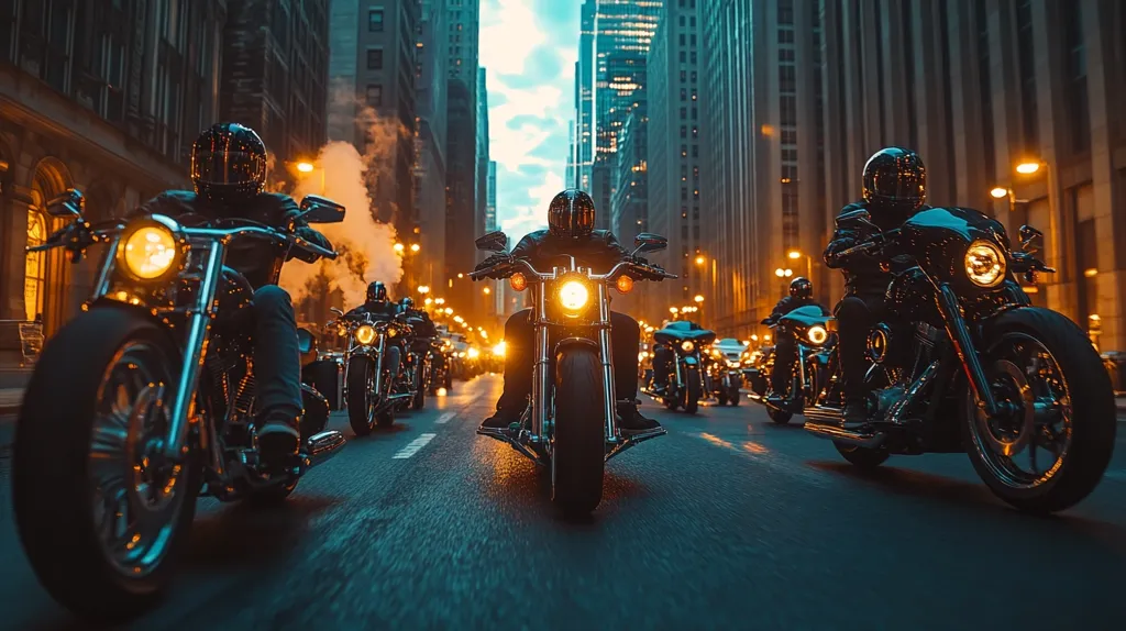 A group of motorcyclists ride down a city street at night. They are all wearing helmets and black leather jackets. The city skyline is visible in the background. The motorcycles are all black and have large, bright headlights. The street is wet and the air is filled with smoke. The image evokes a sense of freedom and adventure.  The scene is captured in a low-angle shot that emphasizes the size and power of the motorcycles.