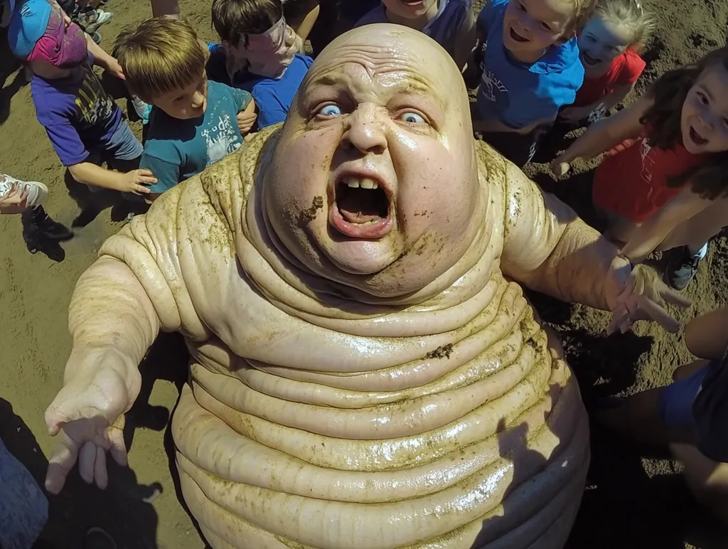 A large, fleshy creature with a surprised expression is surrounded by children. The creature is covered in dirt and has a large, round belly. The children are looking at the creature with curiosity and amusement. They are standing on a sandy surface, likely a beach or playground. The creature's wide-eyed expression suggests fear or shock. The overall image is playful and whimsical.