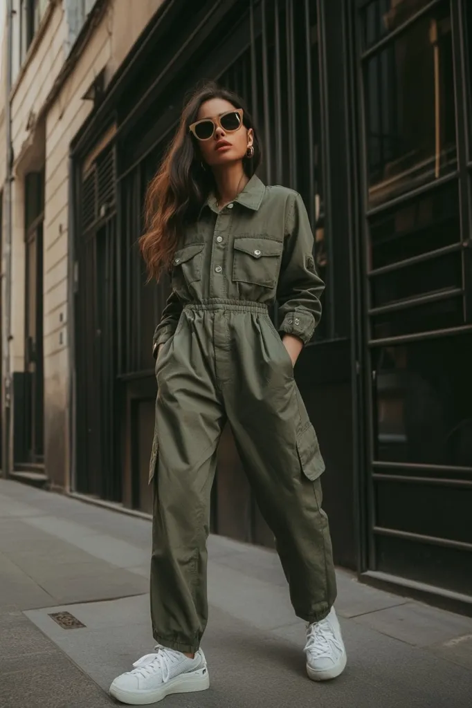 A young woman wearing a green jumpsuit and white sneakers is walking down a city street. She is wearing sunglasses and has her long brown hair down. She has her hands in her pockets and is looking down. The street is lined with buildings and there is a black metal gate in the background. The image has a cool and stylish tone.
