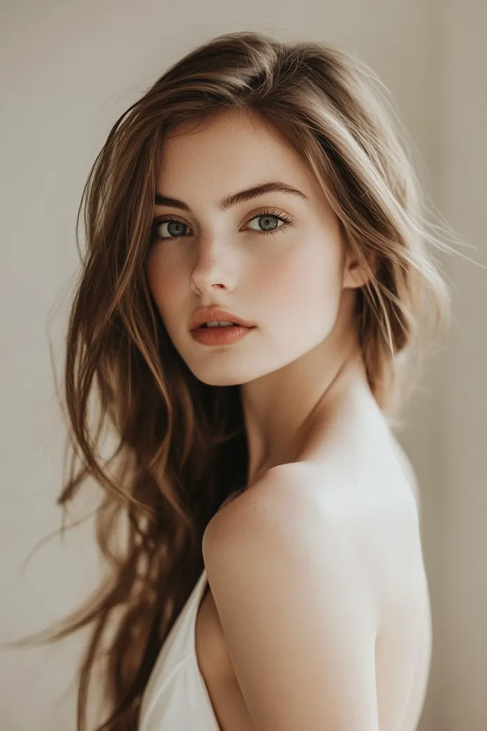 A young woman with long, wavy brown hair looks over her shoulder at the camera. She has soft, natural makeup and her green eyes are bright. The lighting is soft and she is wearing a white tank top. She is in a simple, elegant pose. The image focuses on her beauty and natural features.