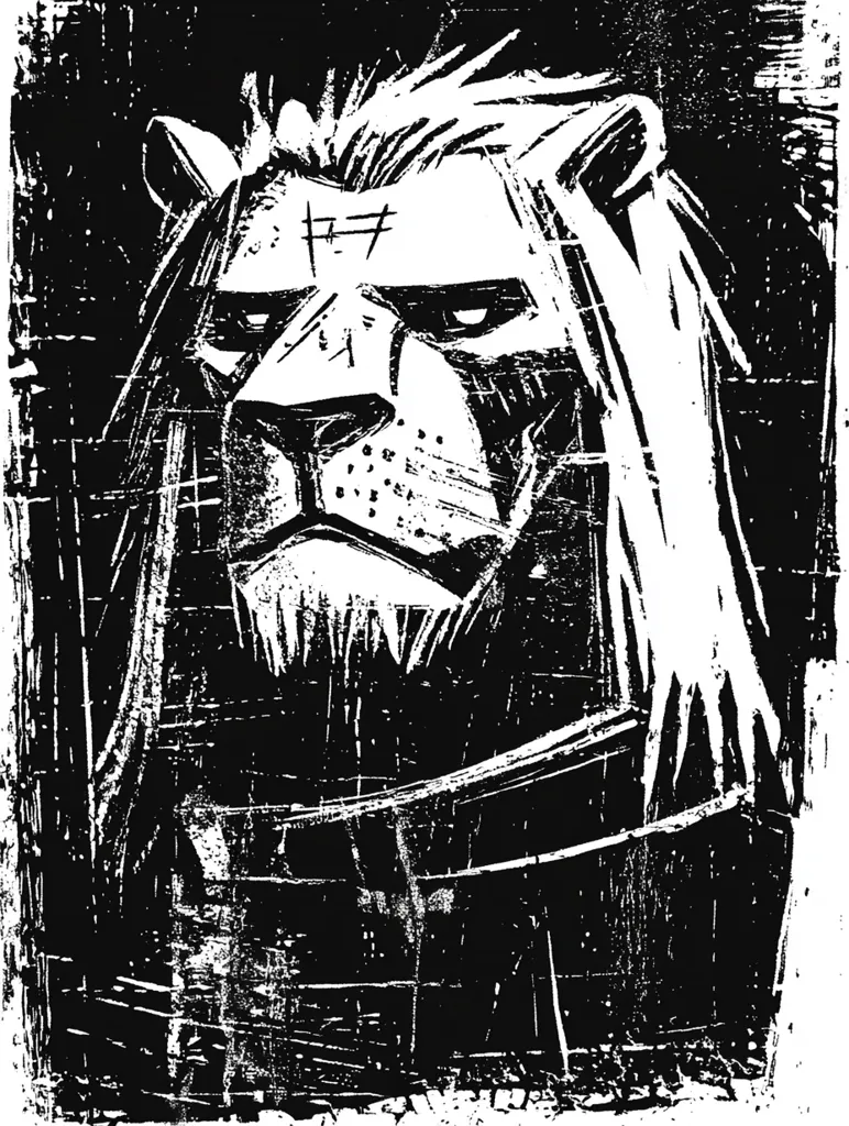 The image depicts a black and white illustration of a lion's head in a rough, textured style.  The lion has a serious expression with furrowed brows, and long, flowing hair.  The image appears to be a woodcut print, with bold lines and stark contrasts. The background is textured and dark, adding to the dramatic feel of the piece.  The overall effect is one of strength and power, with a hint of melancholy.