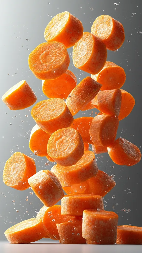 A cascade of vibrant orange carrot slices fall through water, creating a dynamic, colorful display.  The water droplets sparkle around them, adding a touch of ethereal beauty. The slices are arranged in a random, organic pattern, showcasing the natural imperfections of the vegetable. The background is a simple, muted gray, allowing the carrots to be the focal point of the image.