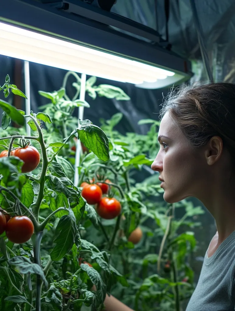 A young woman stands in a greenhouse, admiring her tomato plants. Lush green foliage with plump red tomatoes hang from the vines. Artificial light illuminates the space, creating a warm glow on the scene.  The woman's profile reveals a look of satisfaction as she witnesses the fruits of her labor.  Her hand gestures towards the plants, showcasing her pride in her homegrown harvest.