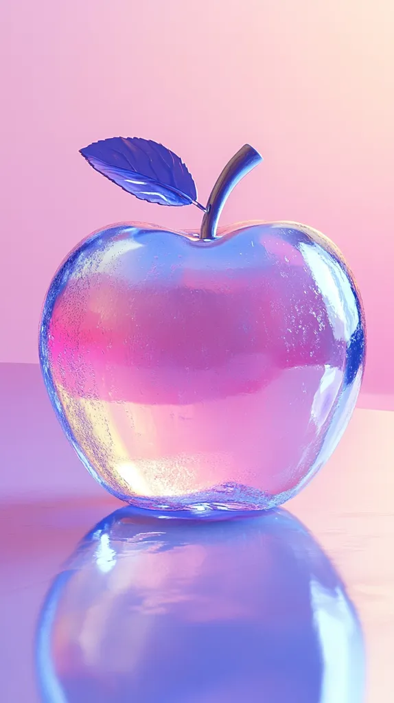 A glass apple with a metallic stem and leaf sits on a pink and purple surface. The apple reflects the colors of the surface, creating a vibrant and iridescent effect. The image is a still life with a modern and playful aesthetic.