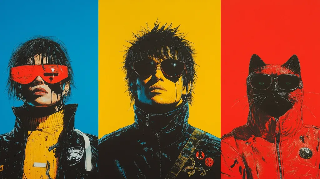 The image is a digital illustration of three figures against a bright colored background. The figures are a woman with red glasses, a man with sunglasses, and a cat also wearing sunglasses. The woman is on the left side of the image, against a blue background. The man is in the middle, against a yellow background. The cat is on the right side of the image against a red background. Each figure is wearing a jacket.